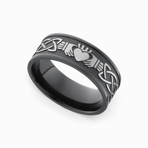 Mens Claddagh Wedding Band In Zirconium - Laser Carved Celtic Design
