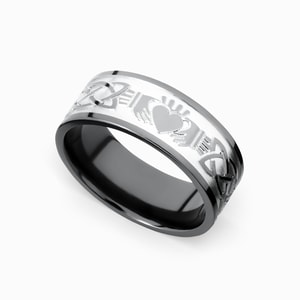 Laser Engraved Celtic Claddagh Mens Wedding Band in Zirconium (9mm)