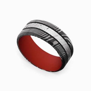 Mens Black And Red Wedding Band In Meteorite And Damascus Steel (9mm)