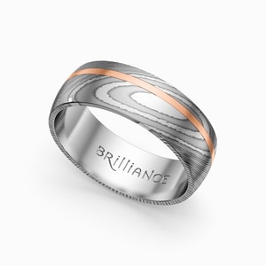 Offset Rose Inlay Domed Men's Wedding Ring in Damascus Steel (7mm)
