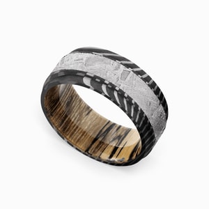 Sagittarius - Tiger Damascus & Meteorite Mens Band with Wood Sleeve (9mm)