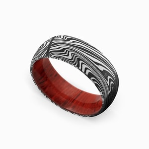 Damascus Steel Mens Ring With Padauk Wood Sleeve - Samurai (8mm)