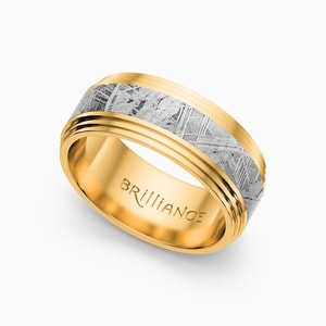 Saturn Rings - Double Stepped Mens Band with Meteorite Inlay in Yellow Gold(9mm)