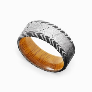 Solar Wind - Zebra Damascus & Meteorite Mens Band with Osage Sleeve (9mm)