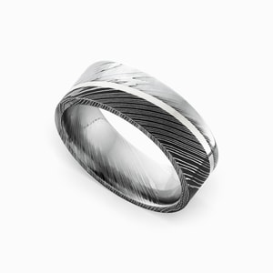 Mens Sterling Silver Inlay And Damascus Steel Wedding Band