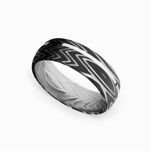 Zebra Stripe Damascus Steel And Sterling Silver Mens Ring