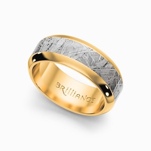 Sun Burst - Mens Wedding Band With Meteorite Inlay in Yellow Gold
