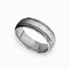 Torque - Damascus Steel Mens Ring with Meteorite Inlay (7mm)