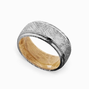 Triton - Damascus & Meteorite Mens Ring with Burl Wood Sleeve (9mm)