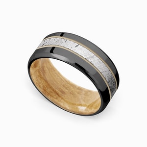 Box Elder Burl And Meteorite Mens Wedding Band - Voyager (9mm)