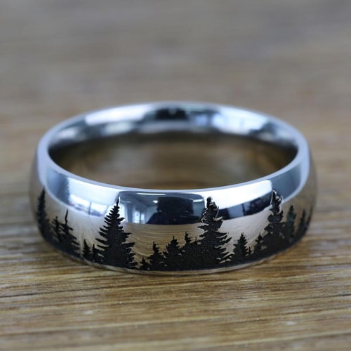 Laser Carved Forest Pattern Mens Ring In Titanium (7mm)