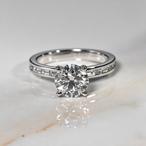 1.51 Carat Lab Round Diamond Baguette Channel Diamond Engagement Ring in White Gold