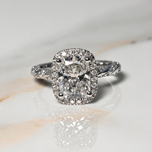 2.90 Carat Lab Cushion Diamond Halo Pave Rope Engagement Ring in White Gold