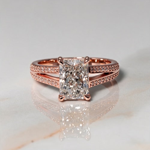 3.50 Carat Lab Radiant Diamond Split Shank Diamond Engagement Ring in Rose Gold