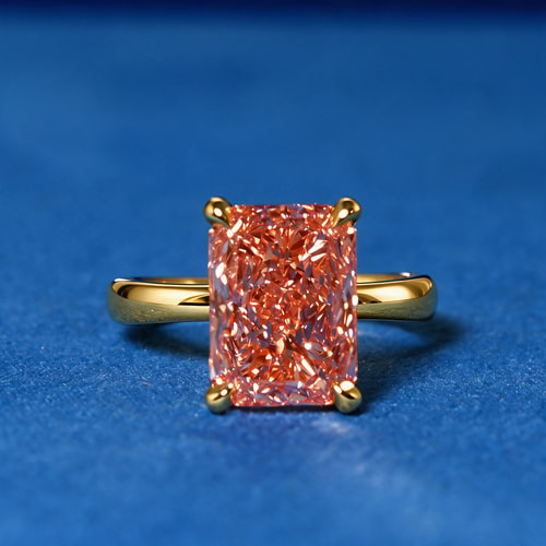 4.00 Carat Lab Radiant Fancy Vivid Pink Diamond Blooming Solitaire Engagement Ring in Yellow Gold