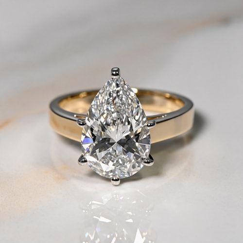 4.09 Carat Lab Pear Diamond Flat Cathedral Solitaire Engagement Ring in Yellow Gold (3 mm)