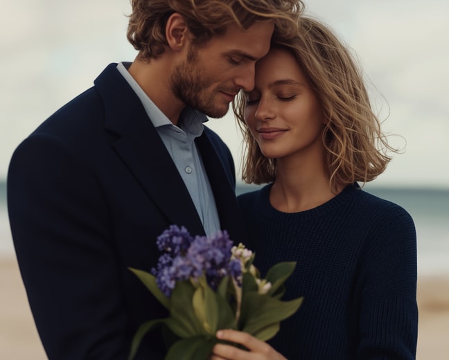 A man and woman stand on the beach, holding a bouquet of flowers.