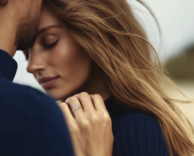 A woman proudly displays a diamond ring while standing next to a man.