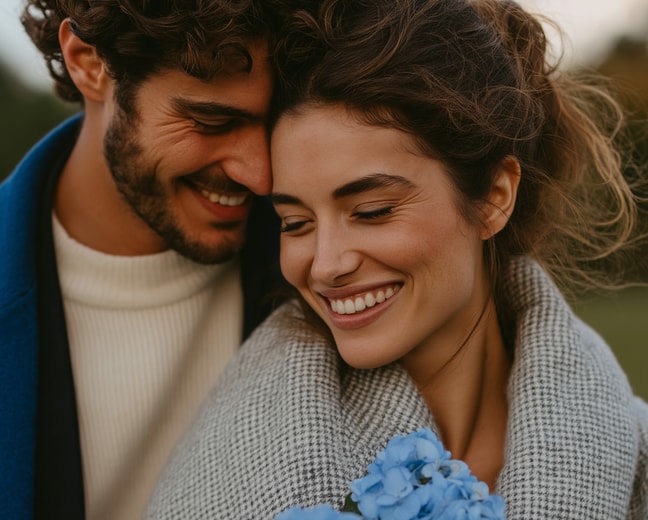 A couple shares a tender moment in a park, surrounded by nature.