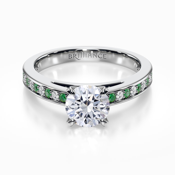 Diamond and Emerald Cathedral Engagement Ring in White Gold