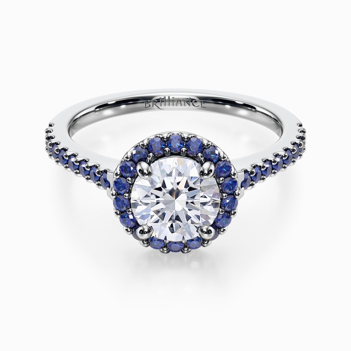 Halo Diamond Engagement Ring With Sapphire Side Stones in White Gold