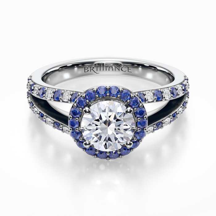 Alternating Halo Sapphire and Diamond Engagement Ring in White Gold