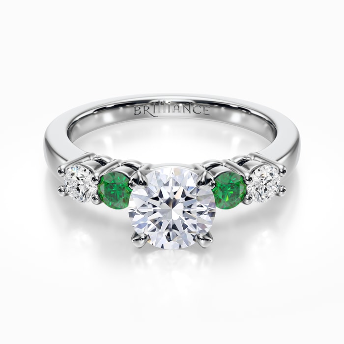 Vintage Five Stone Diamond and Emerald Ring in White Gold