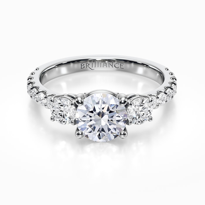 Three Stone Diamond Engagement Ring With Scalloped Band in White Gold