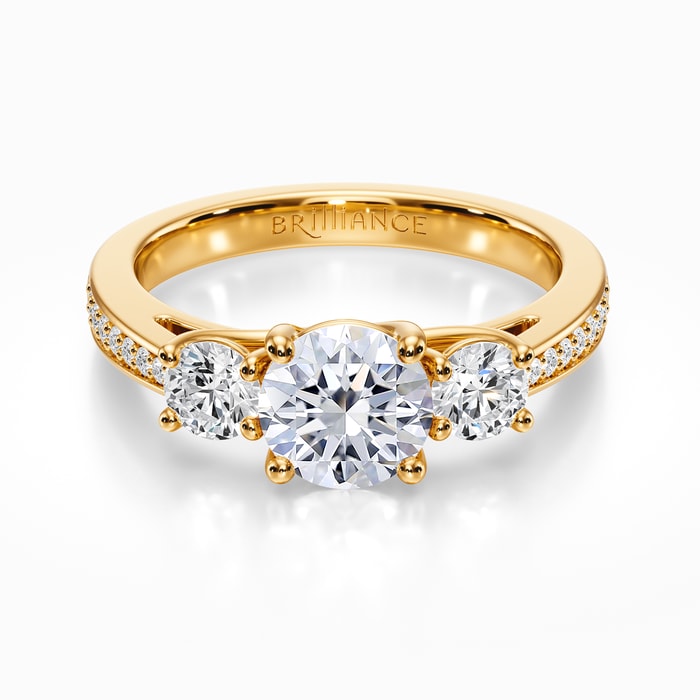 Three Stone Engagement Ring With Trellis Design in Yellow Gold