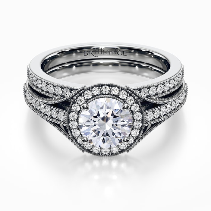 Vintage Milgrain Halo Diamond Bridal Ring Set in White Gold