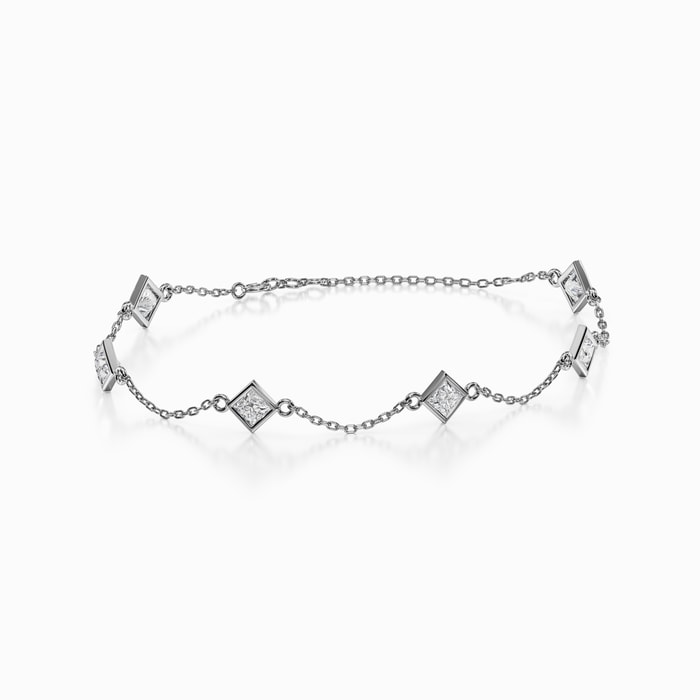 Bezel Princess Lab Diamond Station Chain Bracelet in White Gold (1.50 Carat)