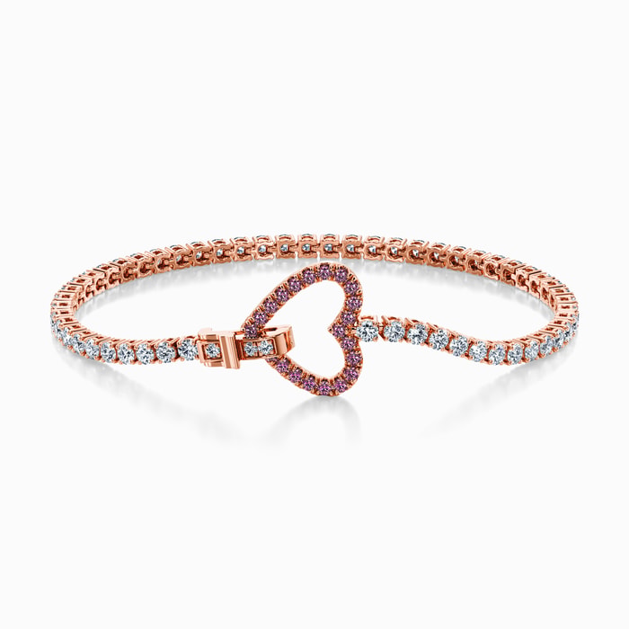 Lab Diamond and Pink Sapphire Tennis Bracelet with Heart Lock in Rose Gold