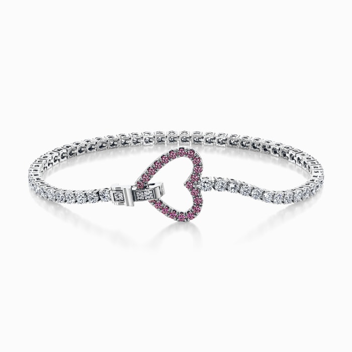 Lab Diamond and Pink Sapphire Tennis Bracelet with Heart Lock in White Gold