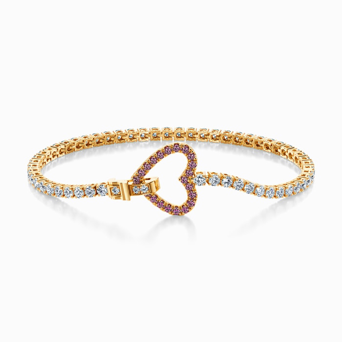Lab Diamond and Pink Sapphire Tennis Bracelet with Heart Lock in Yellow Gold