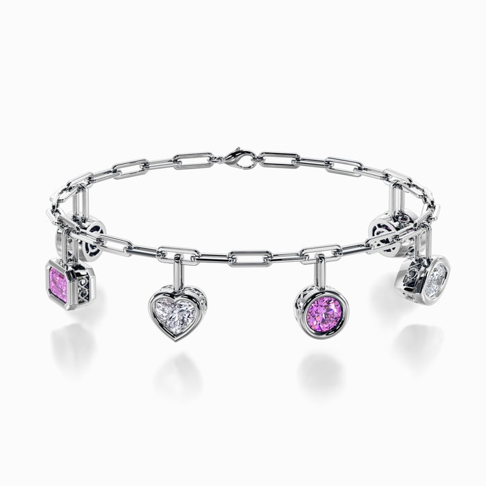 Multi Shape Lab Diamond and Pink Sapphire Charm Bracelet in White Gold