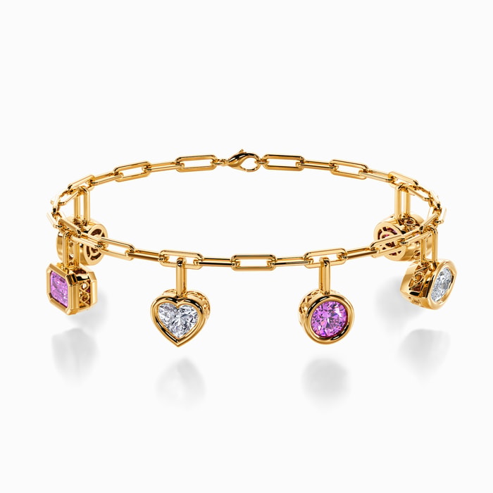 Multi Shape Lab Diamond and Pink Sapphire Charm Bracelet in Yellow Gold
