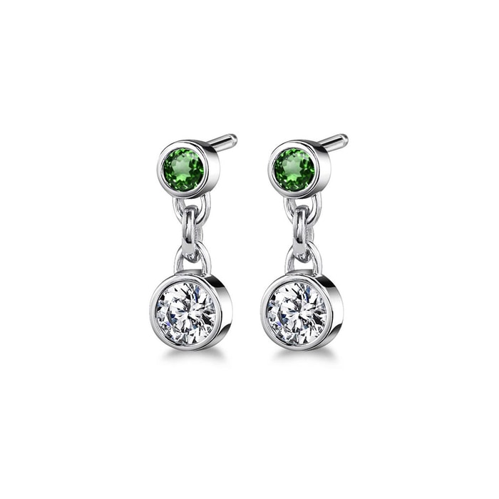 Bezel Set Diamond & Emerald Drop Earrings In 14k White Gold