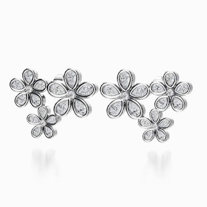 Bezel Pear and Round Lab Diamond Floral Earrings In White Gold