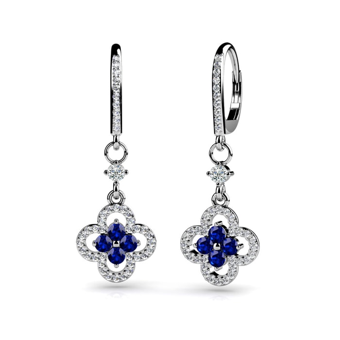 Four Leaf Diamond And Sapphire Clover Earrings In White Gold