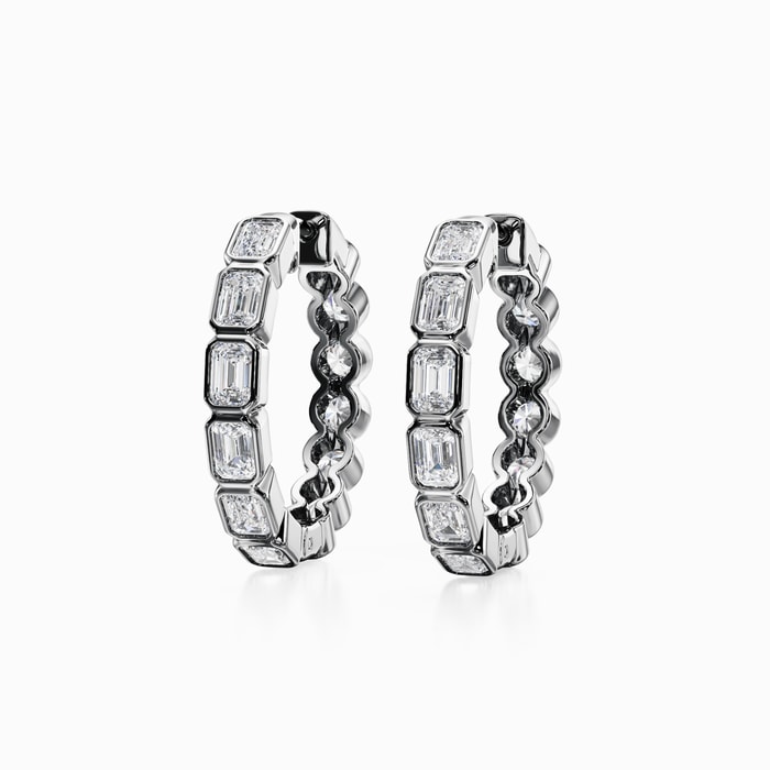 Duet Bezel Round and Emerald Lab Diamond Hoop Earrings in White Gold (4 Carat)