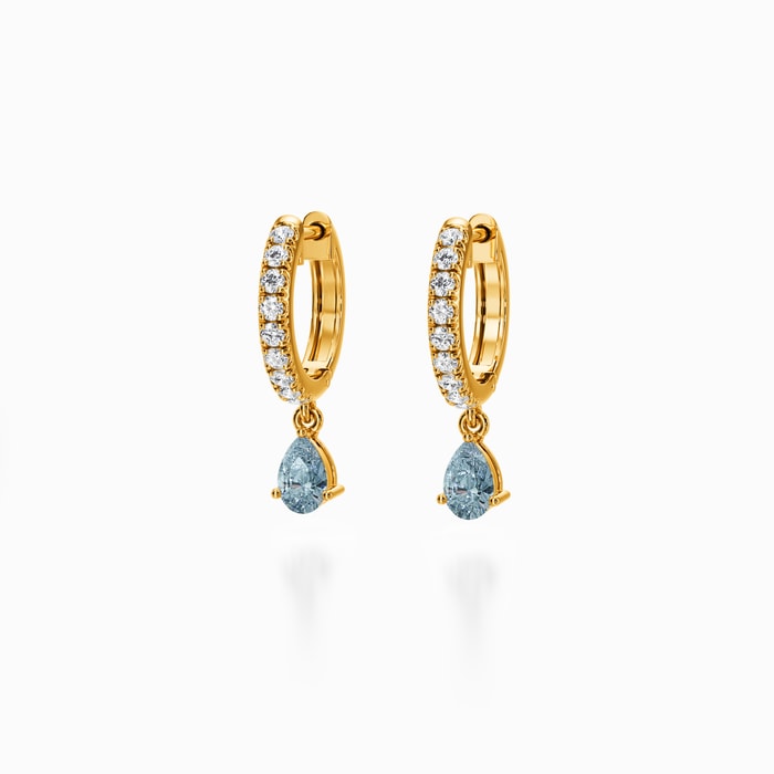 Fancy Blue Pear Lab Diamond Drop Earrings in Yellow Gold