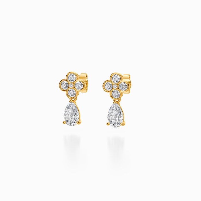Floral Lab Diamond Stud Earrings with Pear Drop in Yellow Gold (1.50 Carat)