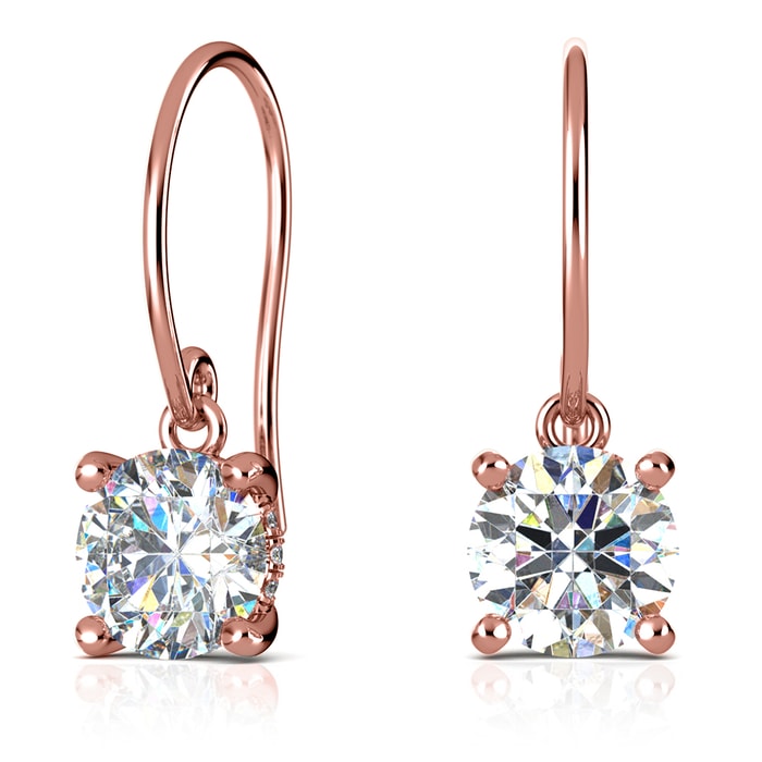 French Wire Diamond Earrings In Rose Gold With Diamond Basket