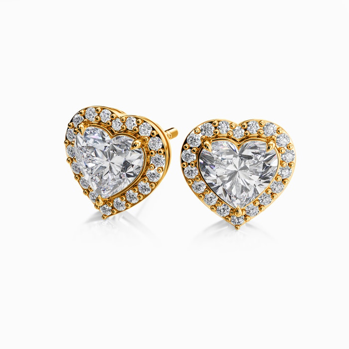 Heart Shape Halo Lab Diamond Stud Earrings in Yellow Gold (2.05 Carat)
