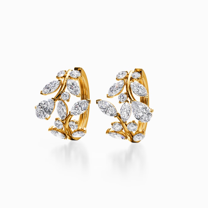 Lab Diamond Leaf Hoop Earrings in Yellow Gold (3.00 Carat)