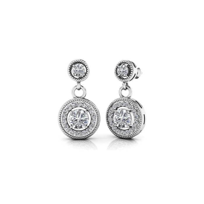 Milgrain Halo Dangle Diamond Earrings in White Gold