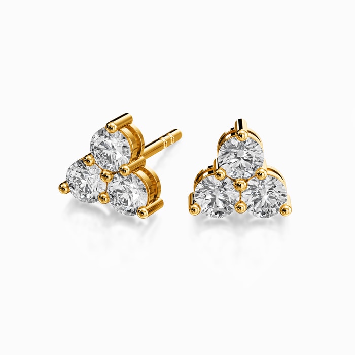 Three Stone Lab Diamond Cluster Stud Earrings in Yellow Gold (1.05 Carat)