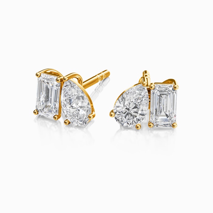 Toi Et Moi Emerald and Pear Lab Diamond Stud Earrings in Yellow Gold (2 Carat)