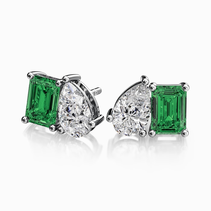 Toi Et Moi Lab Diamond and Emerald Stud Earrings in White Gold