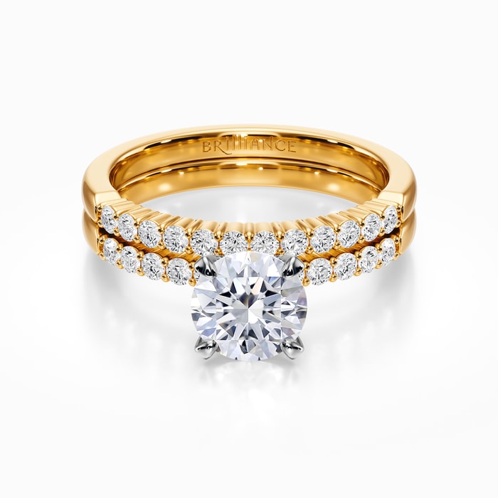 Delicate Shared-Prong Diamond Bridal Set in Yellow Gold